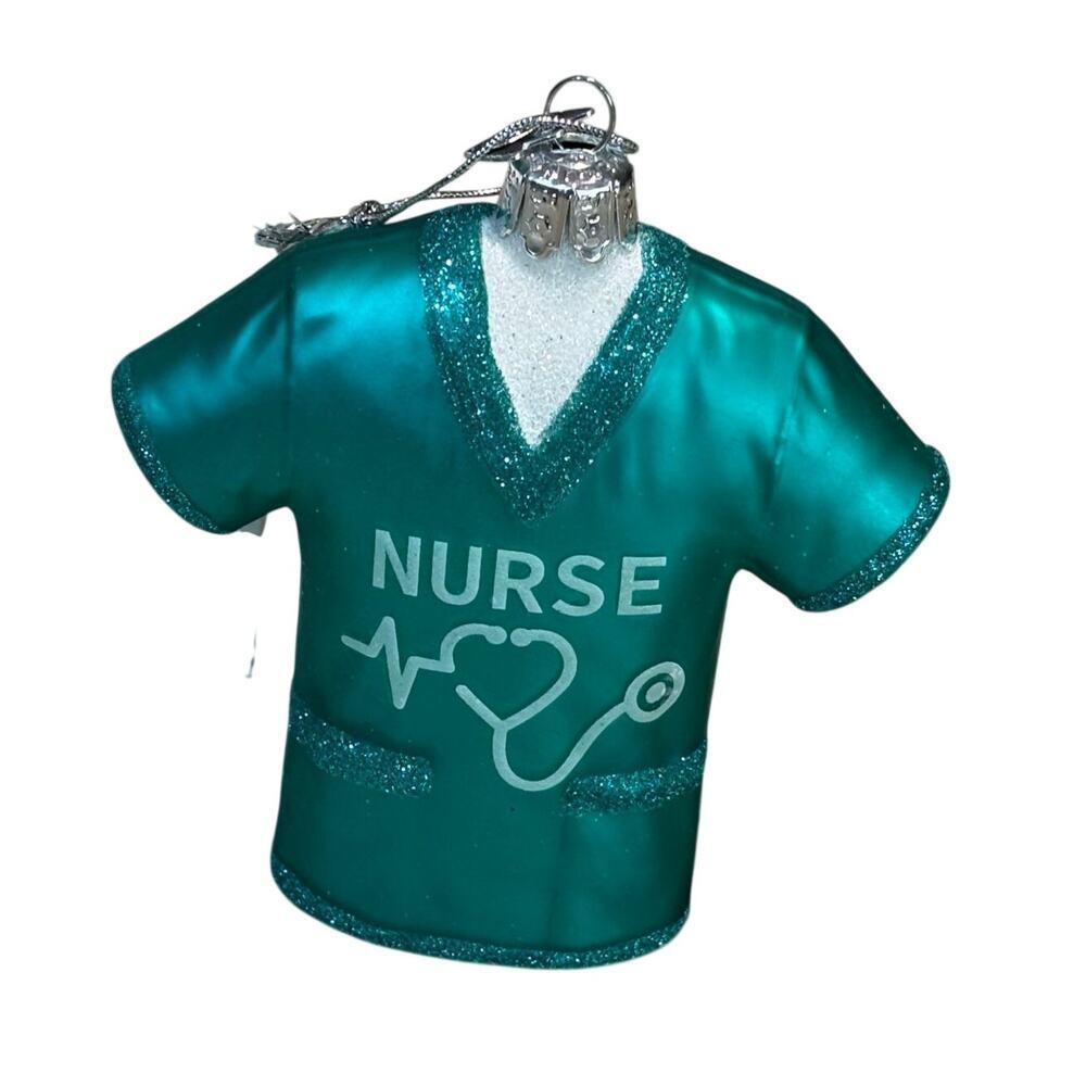 Kurt Adler Noble Gems Nurse Teal Glitter Scrubs Shirt Glass Ornament